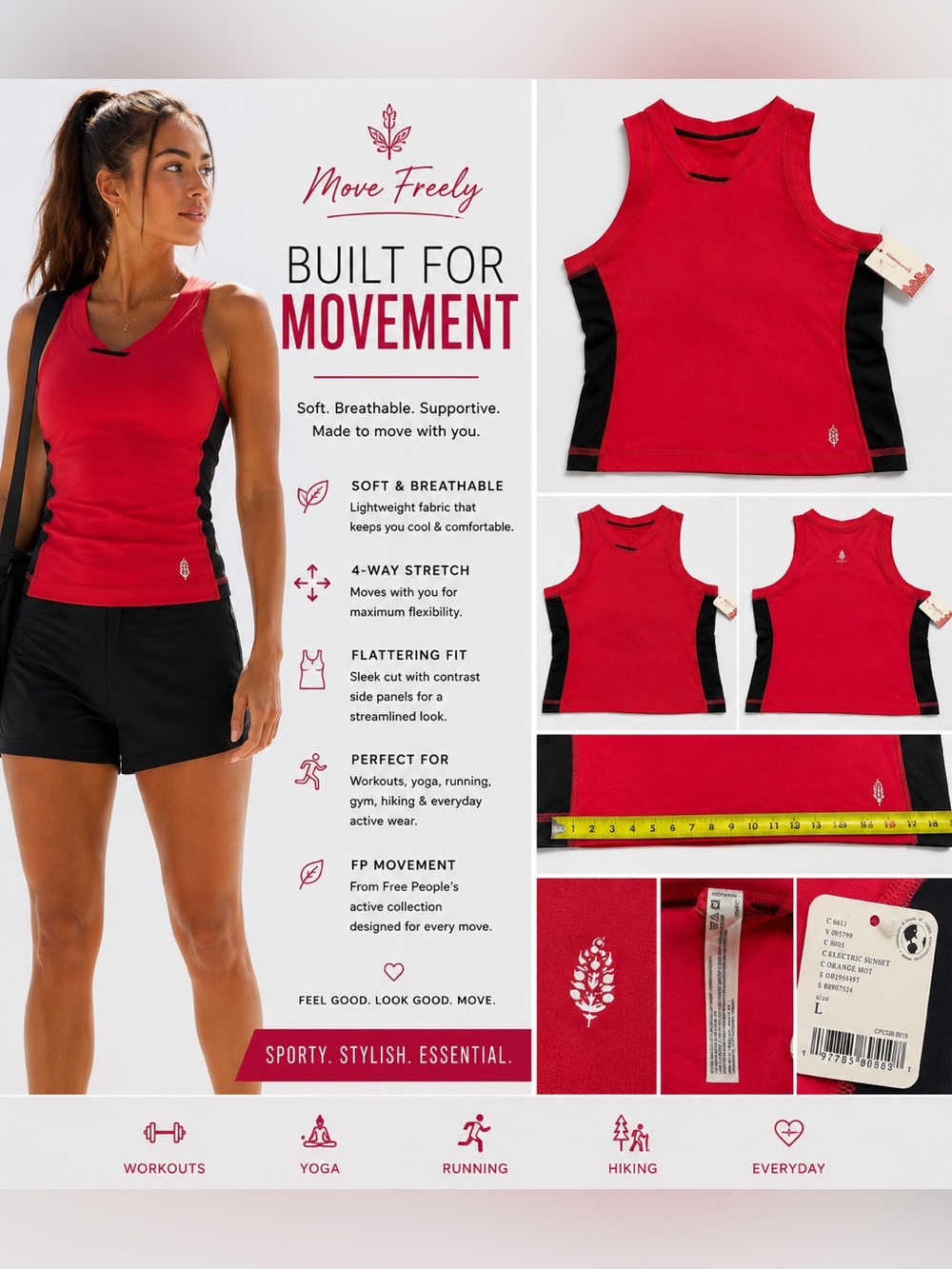 Free People Red Tank Top with Black Side Panels
